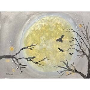Hand painted watercolor original painting spooky Halloween moon bats